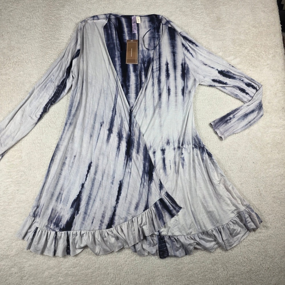 Francesca's Alya Cardigan Women Medium Navy Tie Dye New Ruffle Hem Boho Top